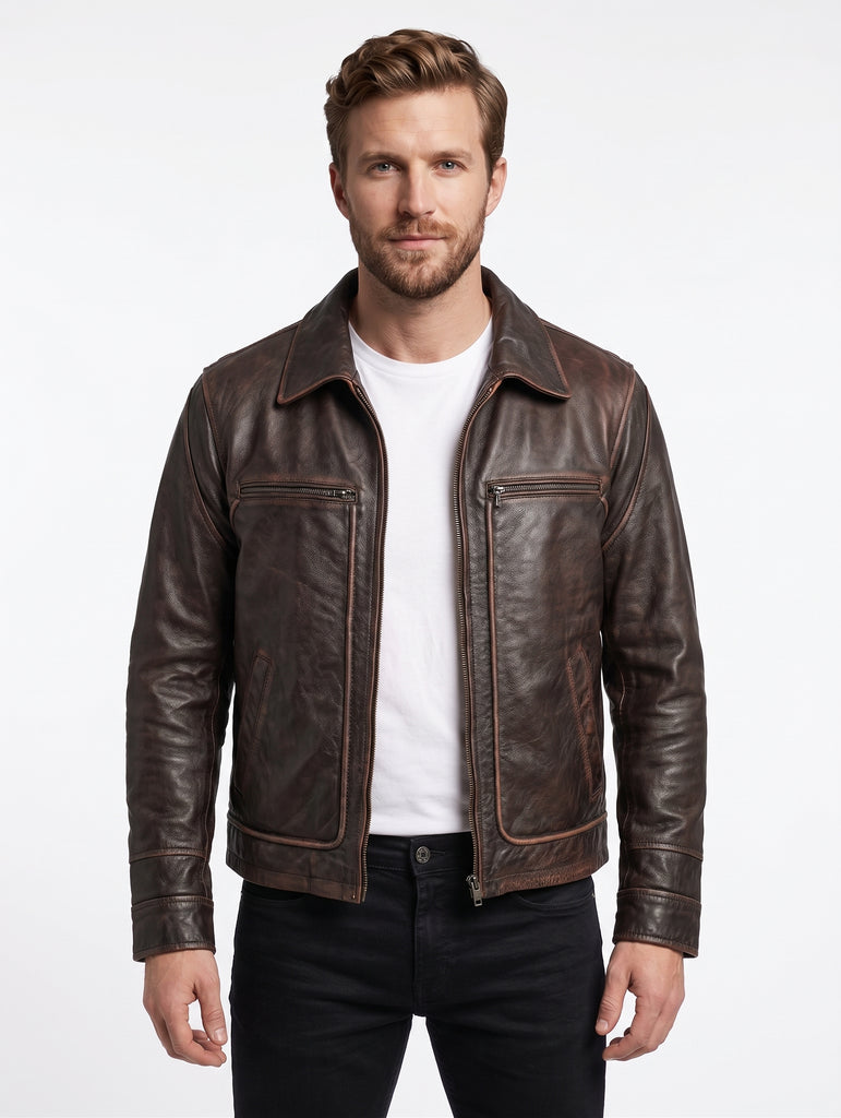 Men Oldman Biker Cowhide Real Distress Brown Leather Jacket Style - 626