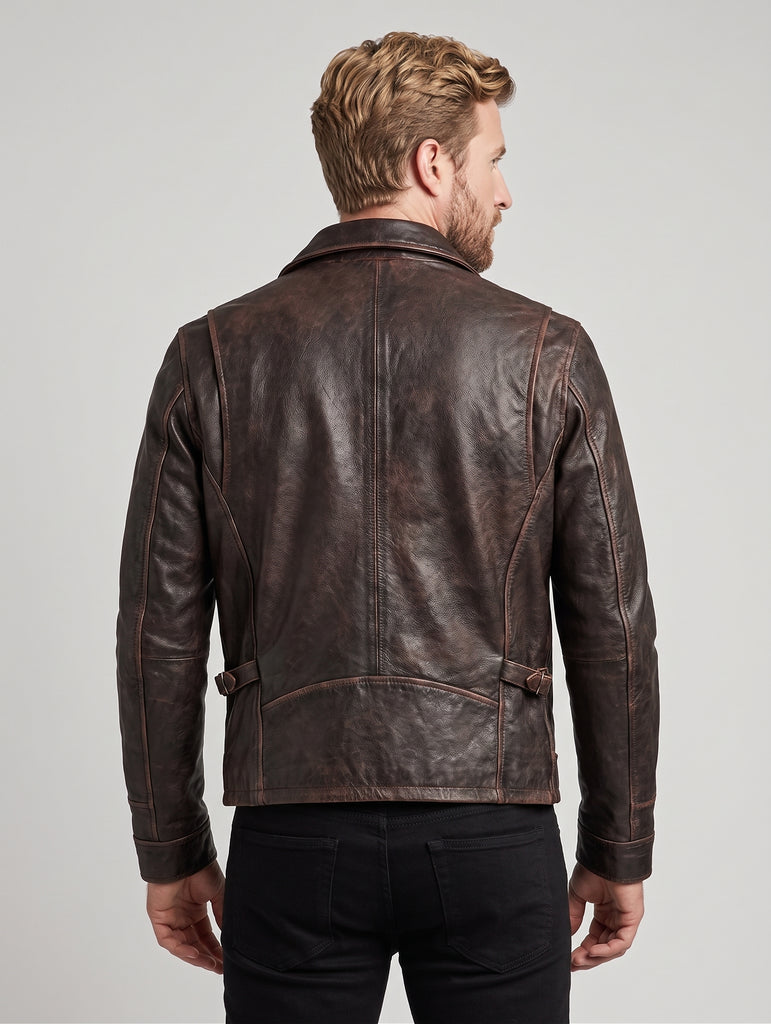 Men Oldman Biker Cowhide Real Distress Brown Leather Jacket Style - 626