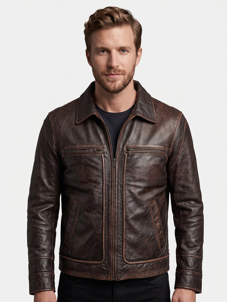 Men Oldman Biker Cowhide Real Distress Brown Leather Jacket Style - 626