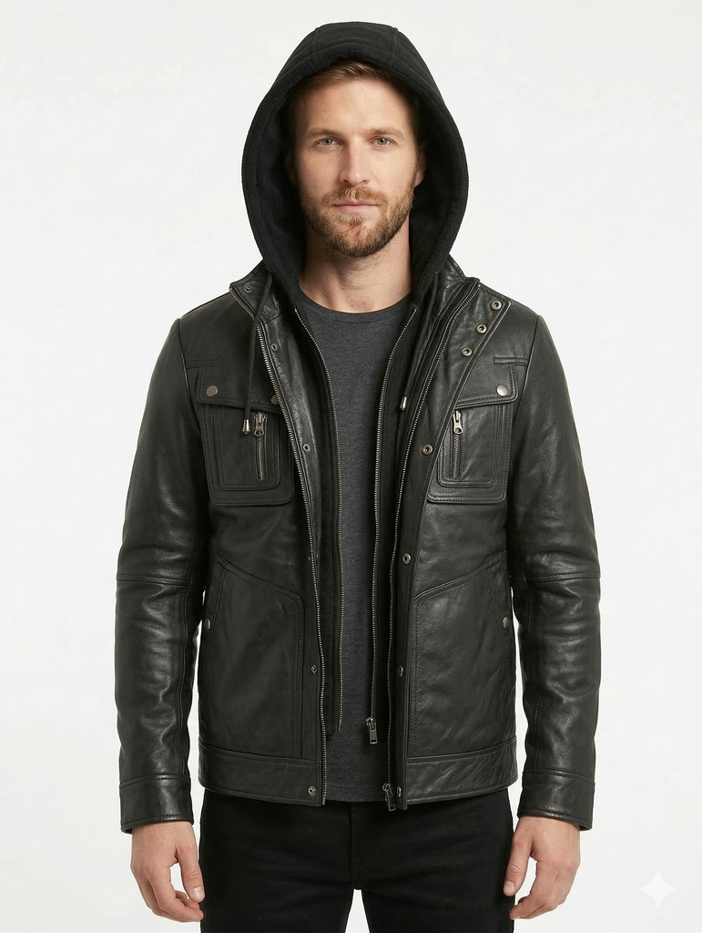 Men Slim Fit Hooded Lambskin Leather Jacket Style - 132