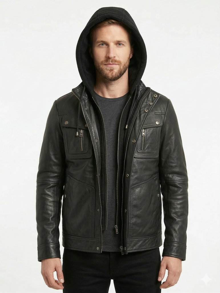 Men Slim Fit Hooded Lambskin Leather Jacket Style - 132