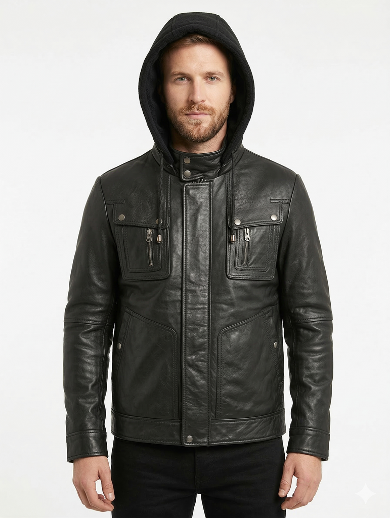 Men Slim Fit Hooded Lambskin Leather Jacket Style - 132