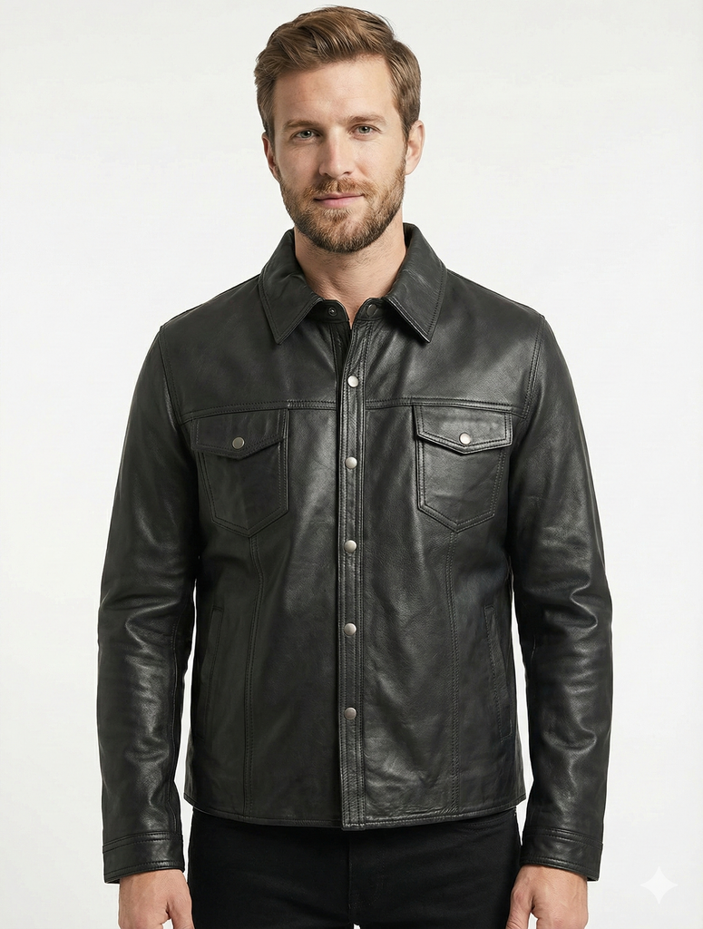 Men TF Real Leather Shirt Style Leather Jacket - 1154 black