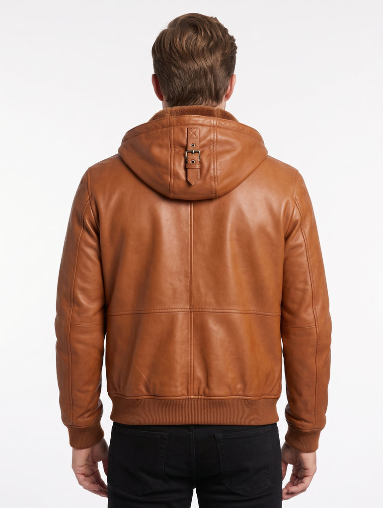 Men Safari Detachable Hooded Bomber Lambskin Leather Jacket Style - 378