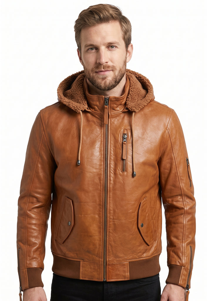 Men Safari Detachable Hooded Bomber Lambskin Leather Jacket Style - 378