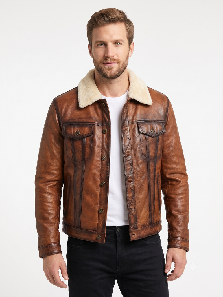 Men Trucker Real Lambskin Leather Jacket with Artificial Shearling Lining Style - 1036