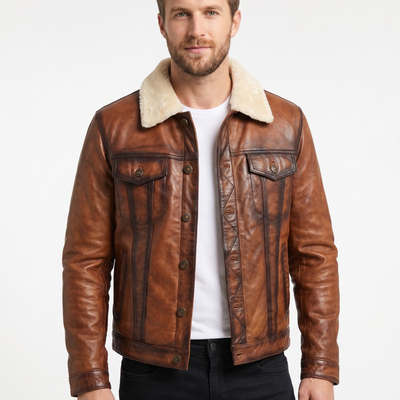 Men Trucker Real Lambskin Leather Jacket with Artificial Shearling Lining Style - 1036