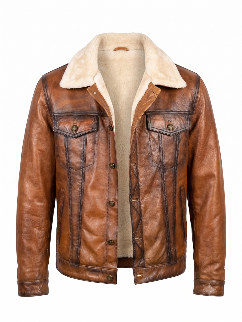 Men Trucker Real Lambskin Leather Jacket with Artificial Shearling Lining Style - 1036