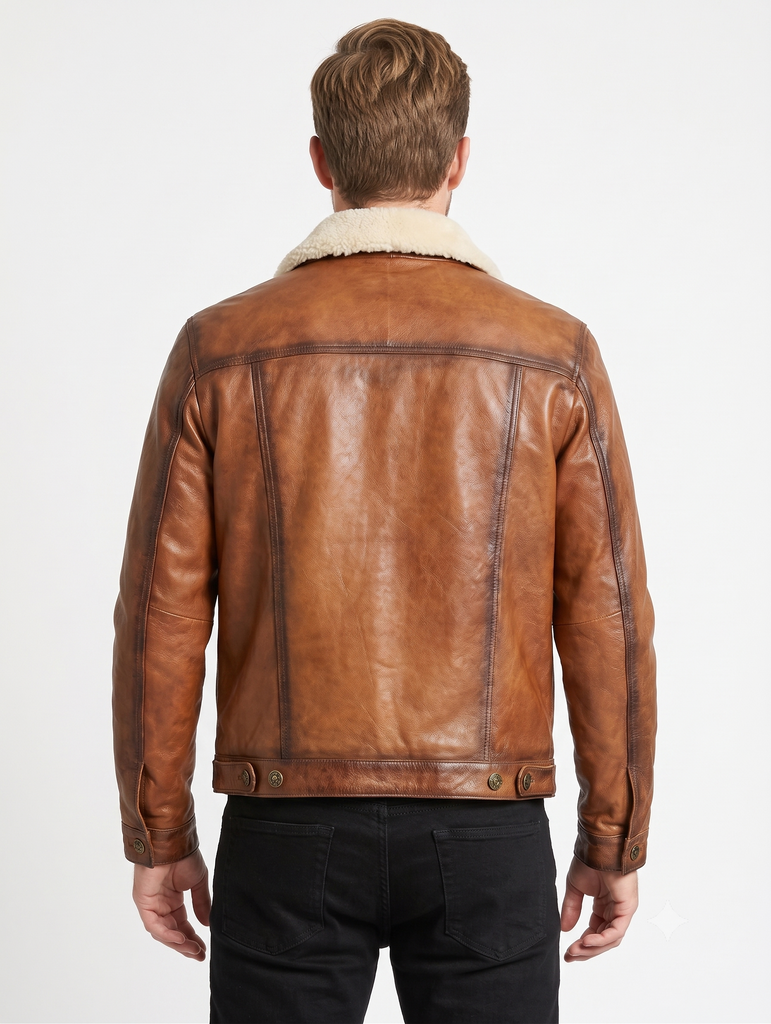 Men Trucker Real Lambskin Leather Jacket with Artificial Shearling Lining Style - 1036
