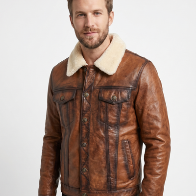 Men Trucker Lambskin Leather Jacket with Artificial Shearling Lining Style - 1036