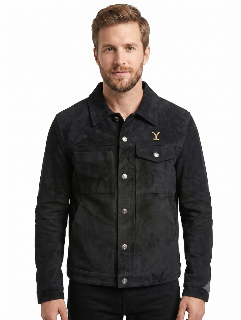 Men Yellow Stone Cole Hauser Black Suede Leather Jacket Style - 860