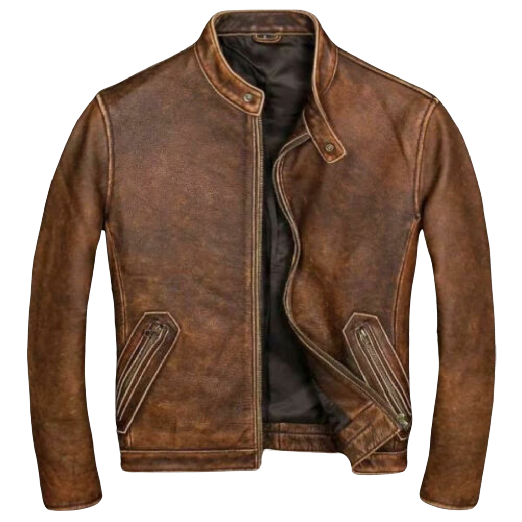 Distressed Cafe Racer Brown Leather Jacket