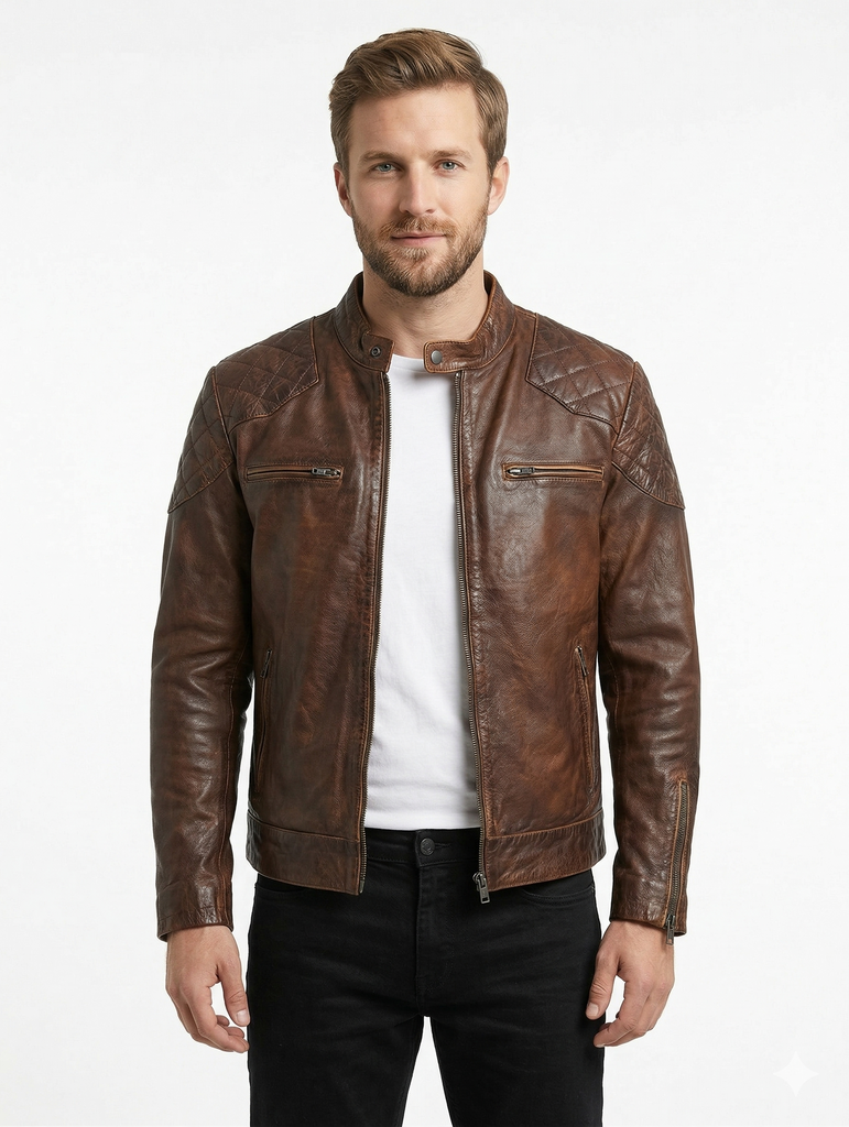 Men British Model Cafe Racer Biker Leather Jacket Style - 744