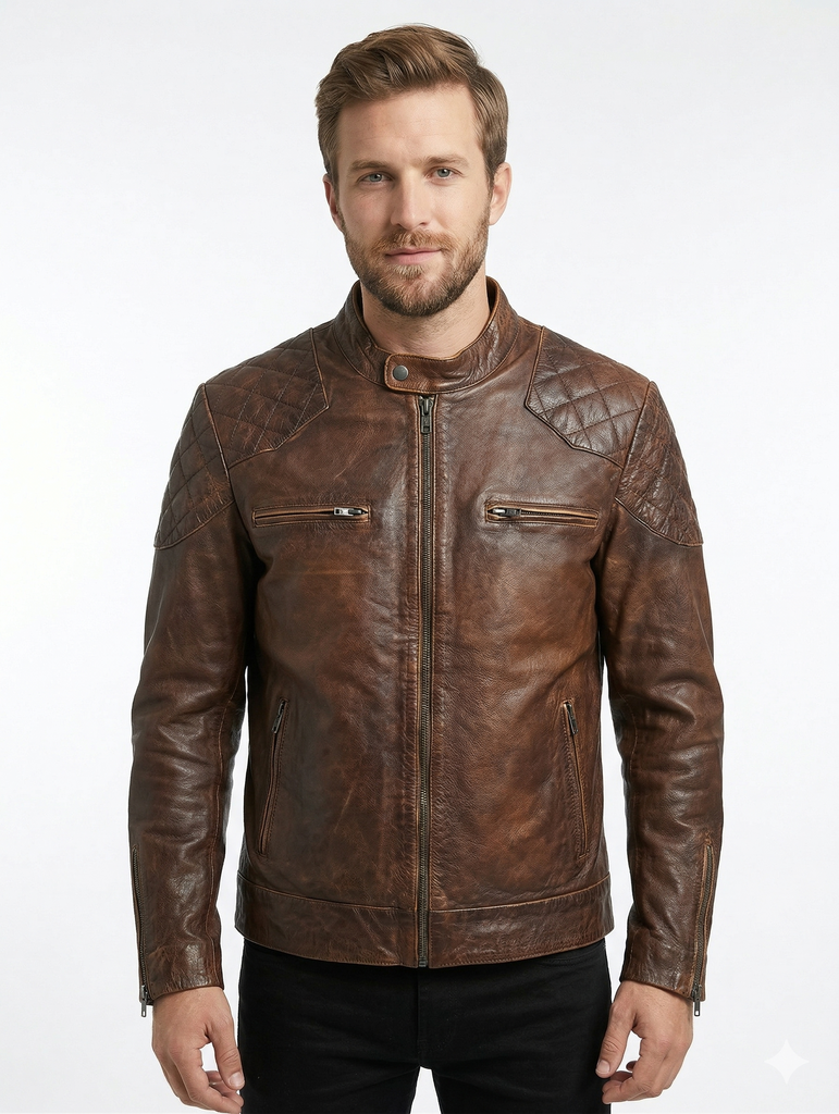 Men British Model Cafe Racer Biker Leather Jacket Style - 744