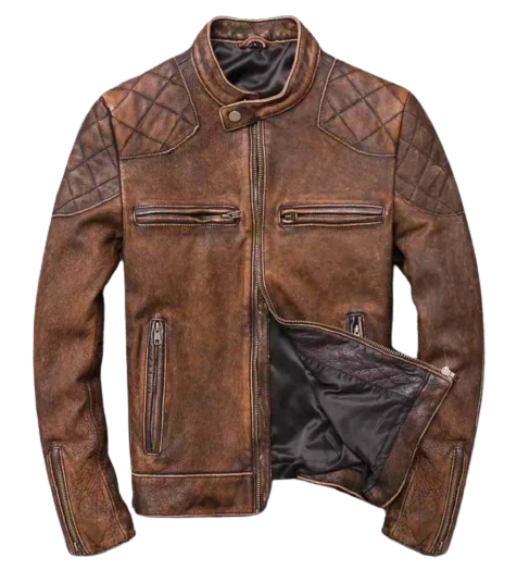 Men British Model Cafe Racer Biker Tan Brown Leather Jacket Style - 744