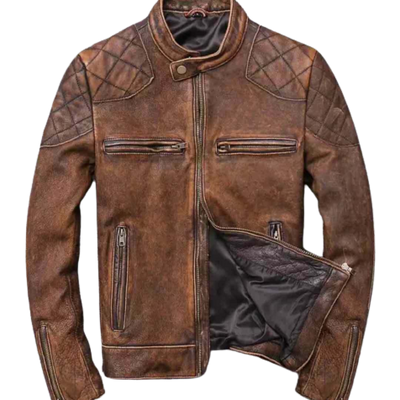 Men British Model Cafe Racer Biker Tan Brown Leather Jacket Style - 744