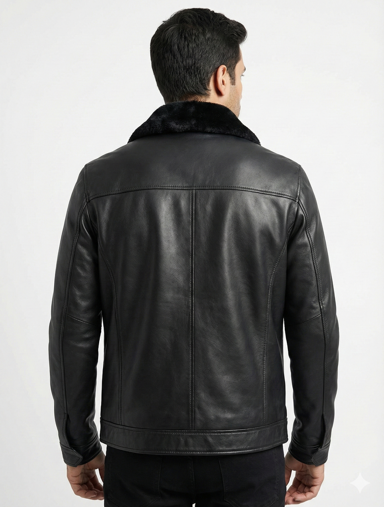 Men Elegant Lambskin Biker Leather Jacket Removable Fur Collar Style - 614