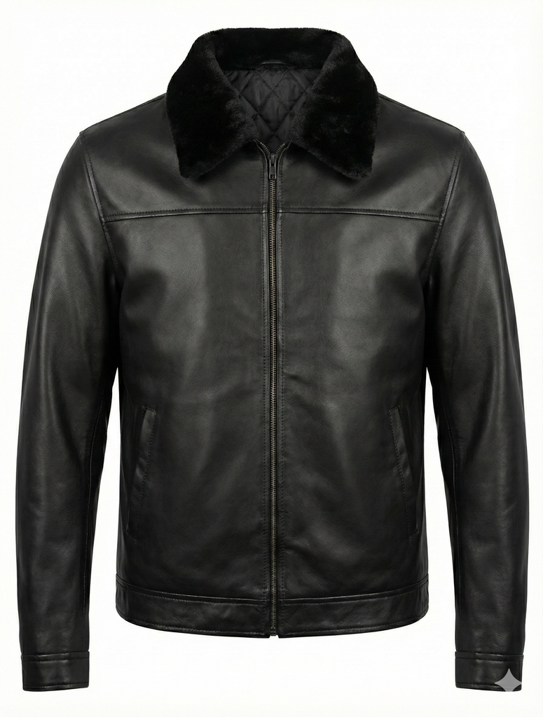 Men Elegant Lambskin Biker Leather Jacket Removable Fur Collar Style - 614