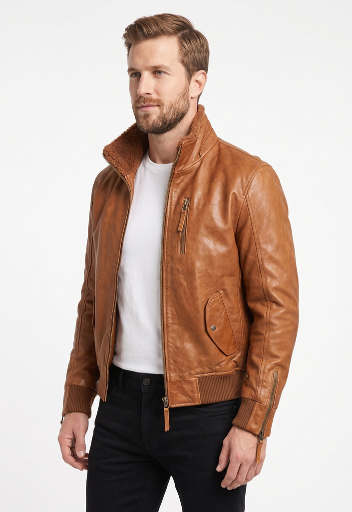 Men Safari Detachable Hooded Bomber Lambskin Leather Jacket Style - 378