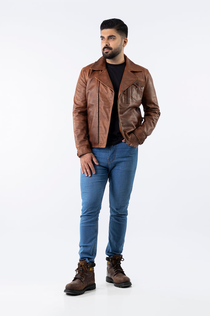 Men Polo Real Leather Biker Jacket Style - 944