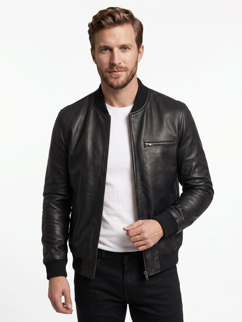 Men Ryan Bomber Black Leather Jacket Style - 166