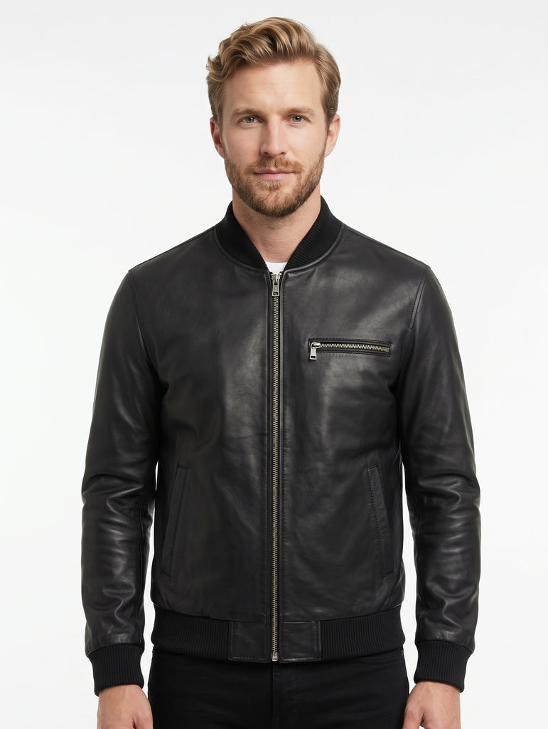 Men Ryan Bomber Black Leather Jacket Style - 166