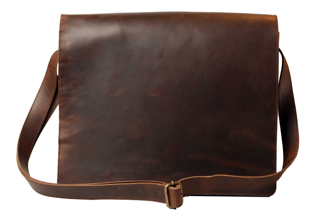 Men Leather Messenger Shoulder Bag - Fits 13 to 14 Inch Laptop - Medium/Large Work Bag For A4 Notebooks