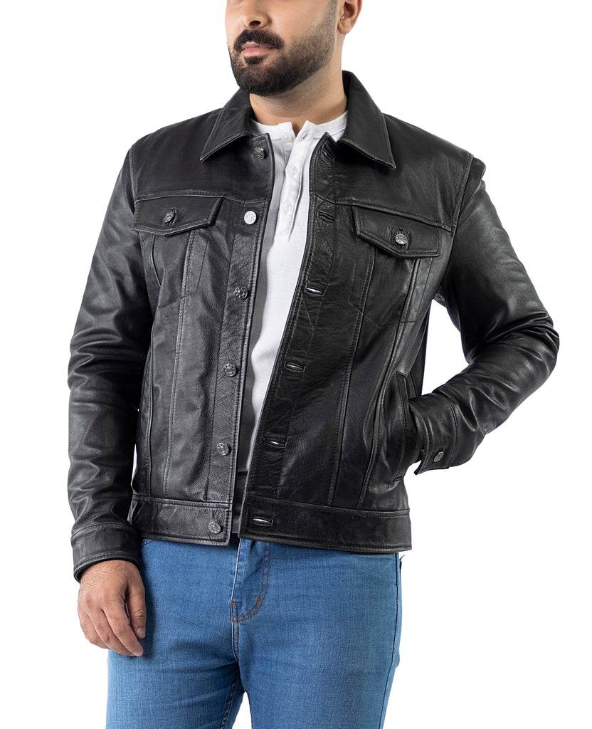 Men Trucker Distress Black Real Leather Jacket Style - 785
