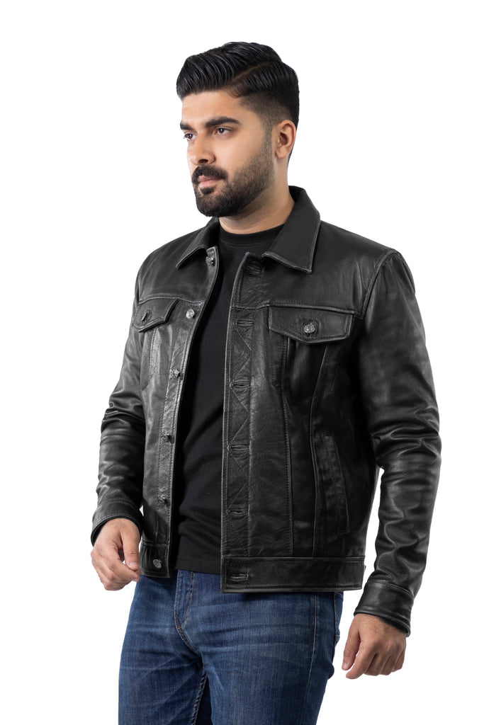 Men Trucker Distress Black Real Leather Jacket Style - 785