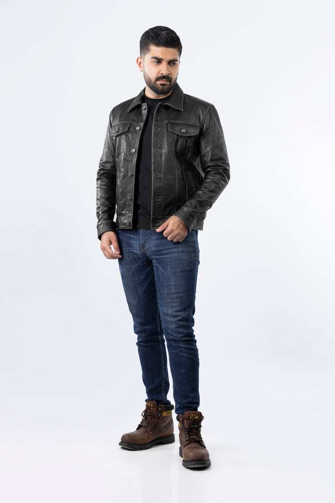 Men Trucker Distress Black Real Leather Jacket Style - 785