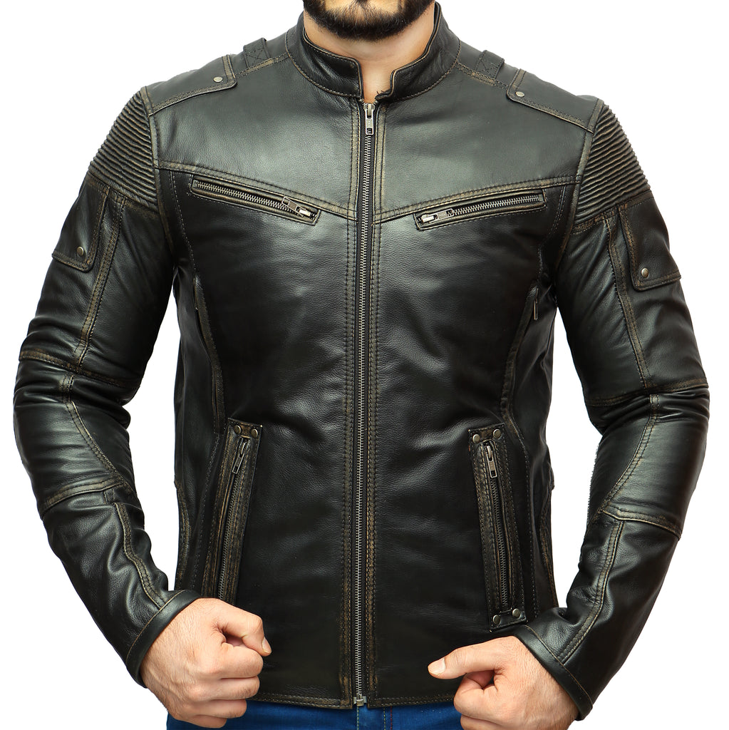 Men Ultimate Biker Distress Cafe Racer Real Leather Jacket Style - 388