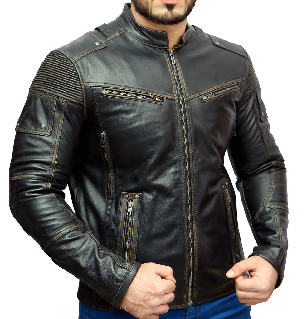 Men Ultimate Biker Distress Cafe Racer Real Leather Jacket Style - 388