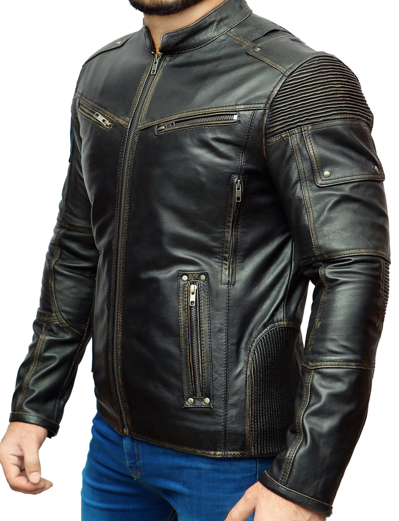 Men Ultimate Biker Distress Cafe Racer Real Leather Jacket Style - 388