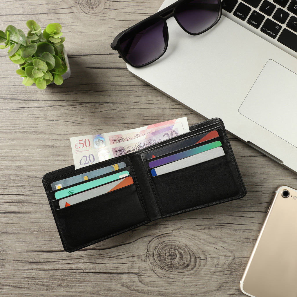 Men Genuine Leather RFID Blocking Bifold Black Wallet Sleek Design