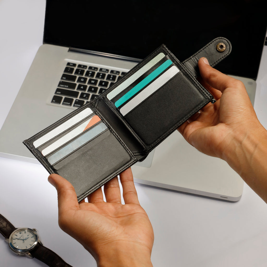 Mens Genuine Leather RFID Blocking Bifold Wallet Sleek Design with Strap