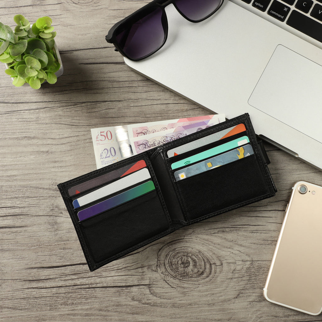 Mens Genuine Leather RFID Blocking Bifold Wallet Sleek Design with Strap