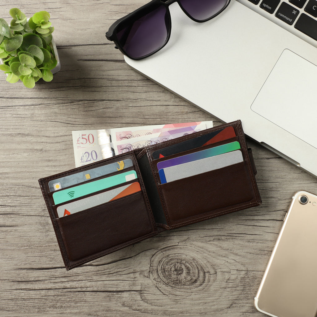 Mens Genuine Leather RFID Blocking Bifold Wallet Sleek Design with Strap