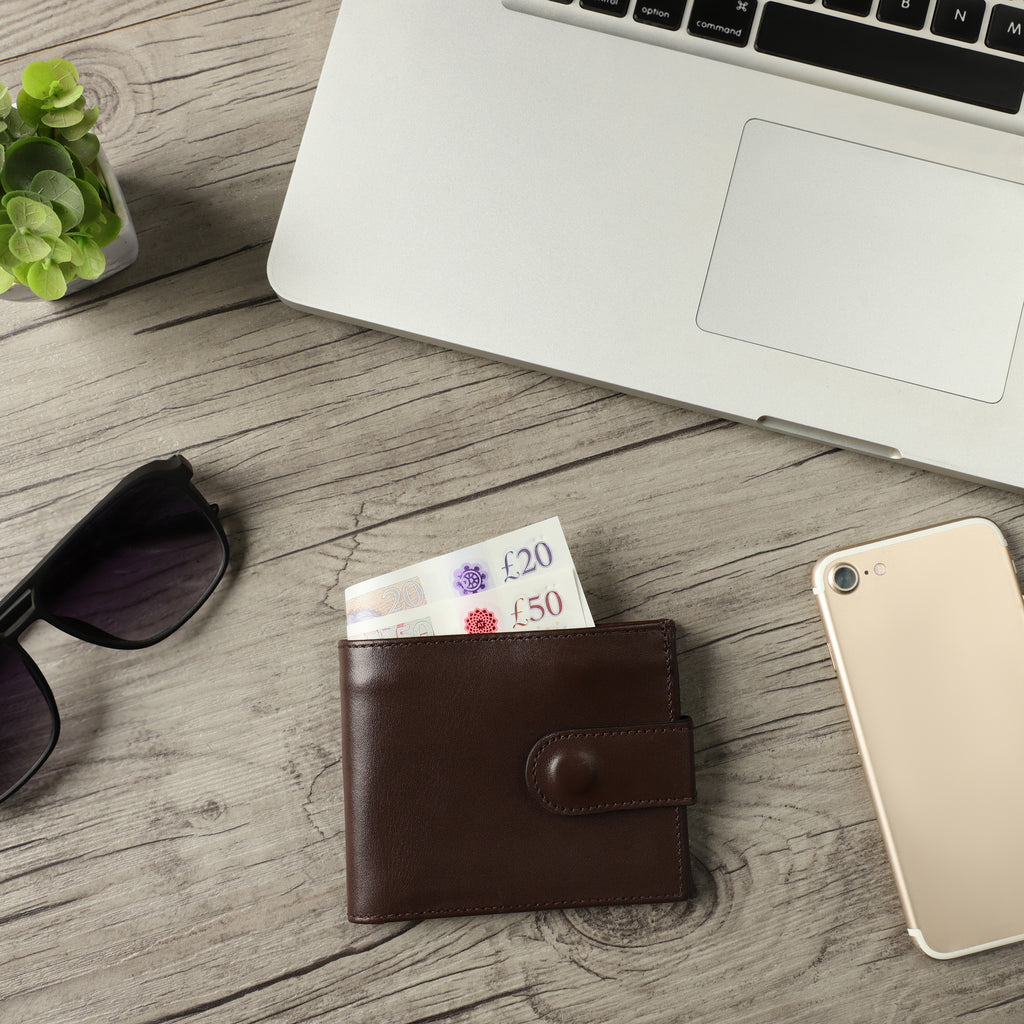 Mens Genuine Leather RFID Blocking Bifold Wallet Sleek Design with Strap