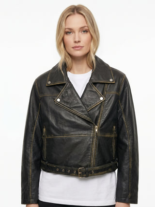 Women BO Cropped Washed Real Leather Jacket Style - 1206