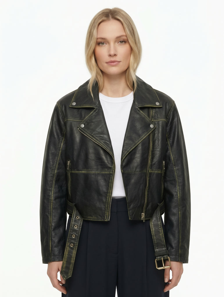 Women BO Cropped Washed Real Leather Jacket Style - 1206