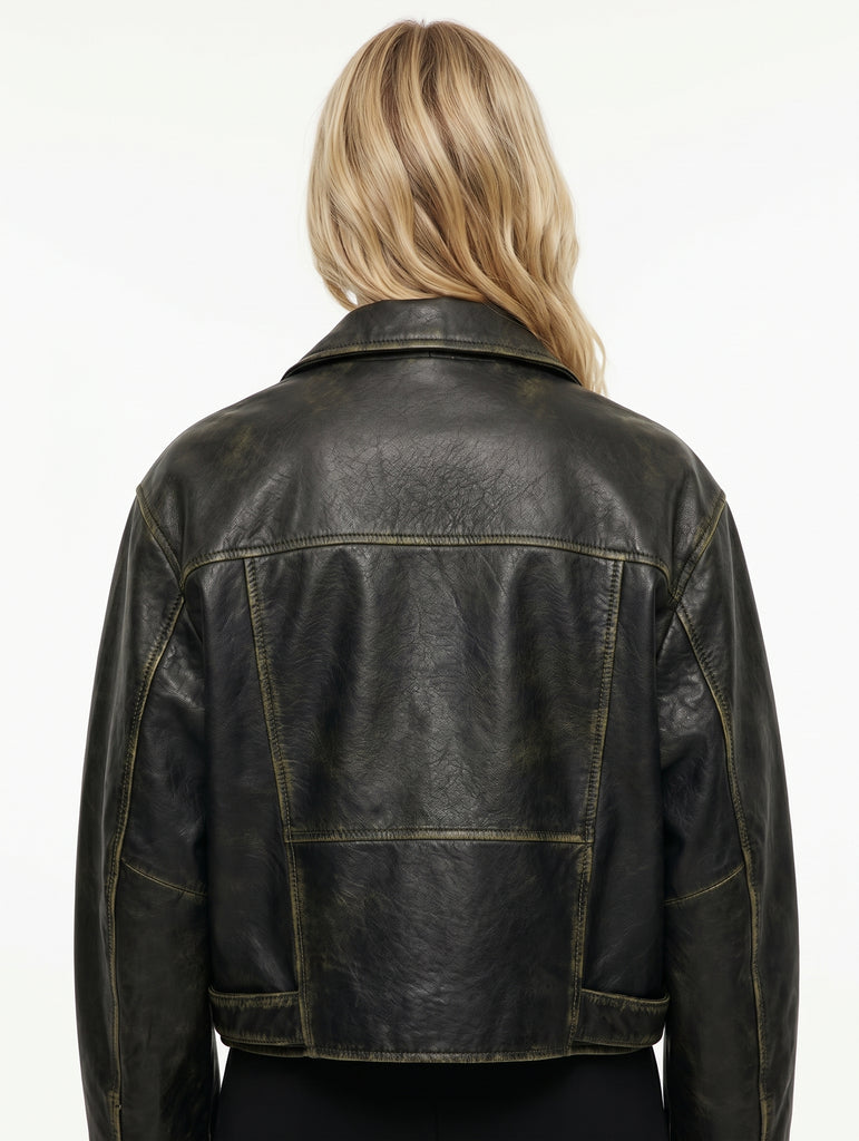 Women BO Cropped Washed Real Leather Jacket Style - 1206