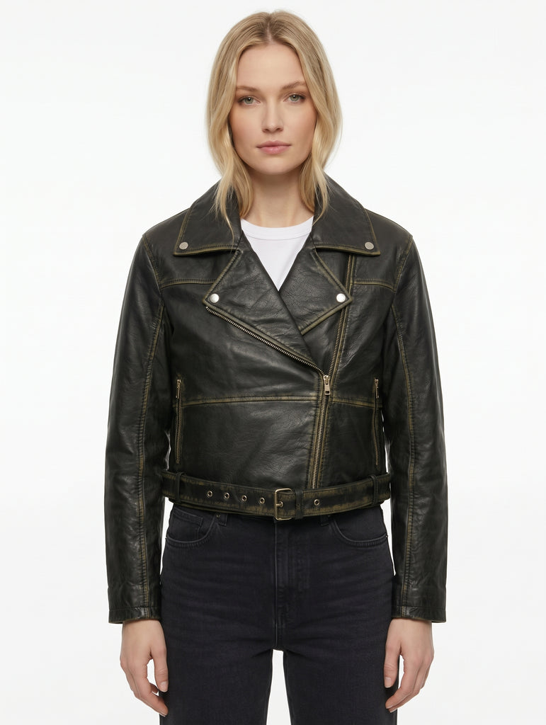 Women BO Cropped Washed Real Leather Jacket Style - 1206