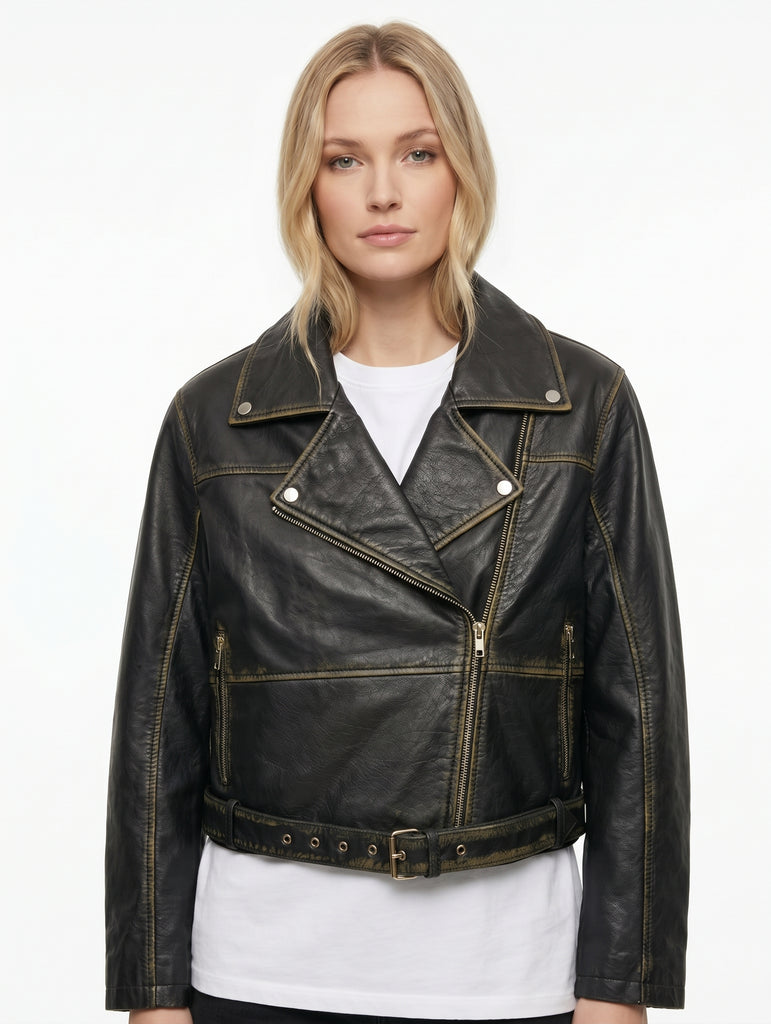 Women BO Cropped Washed Real Leather Jacket Style - 1206