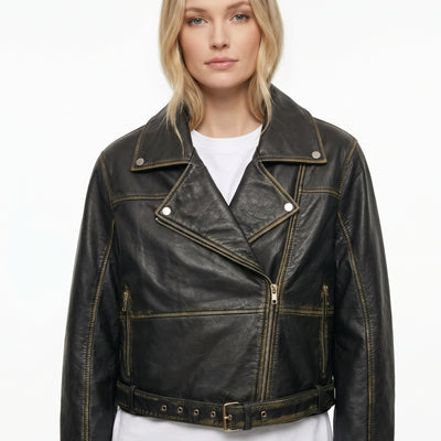 Women BO Cropped Washed Real Leather Jacket Style - 1206