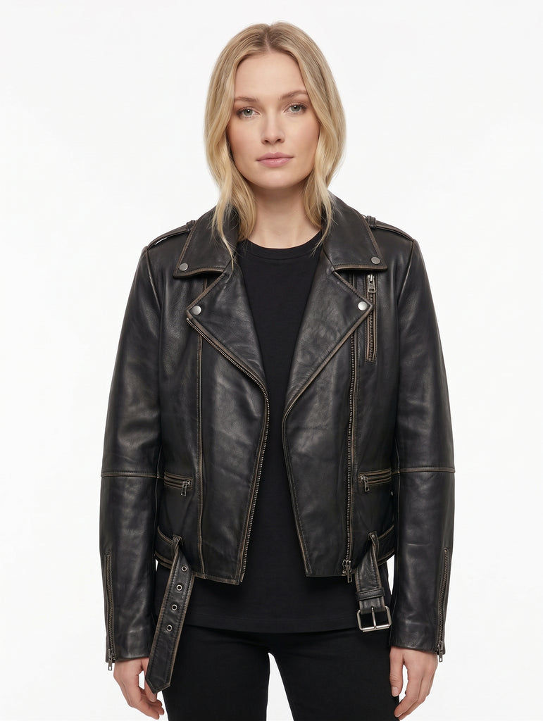 Women FME Soft Lambskin Real Leather Biker Distress Jacket Style - 1201