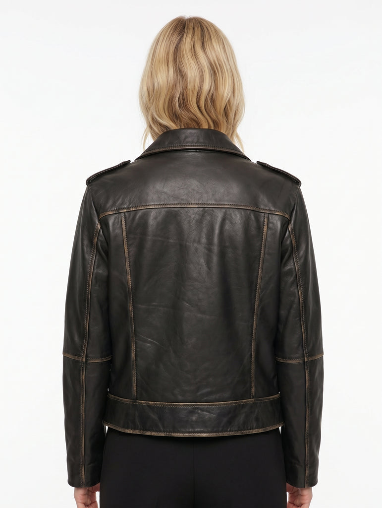 Women FME Soft Lambskin Real Leather Biker Distress Jacket Style - 1201