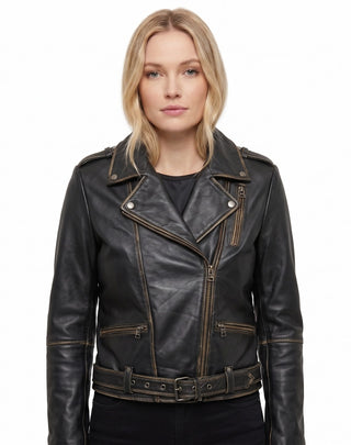 Women FME Soft Lambskin Real Leather Biker Distress Jacket Style - 1201