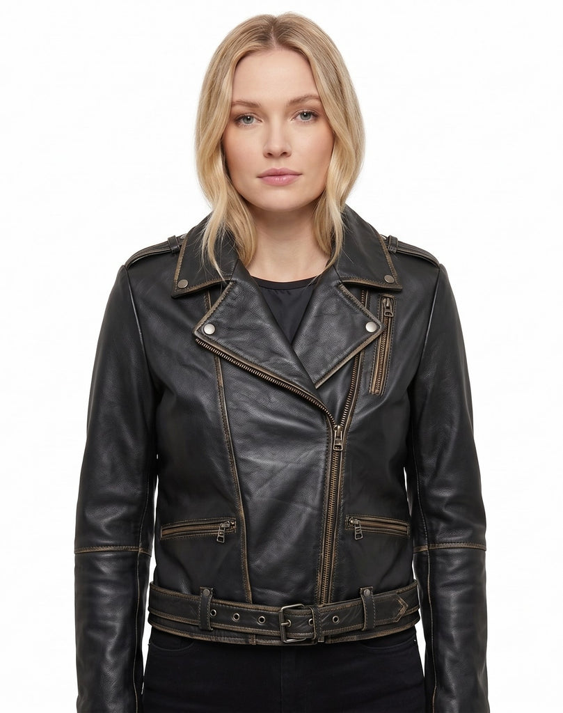 Women FME Soft Lambskin Real Leather Biker Distress Jacket Style - 1201