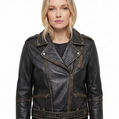 Women FME Soft Lambskin Real Leather Biker Distress Jacket Style - 1201