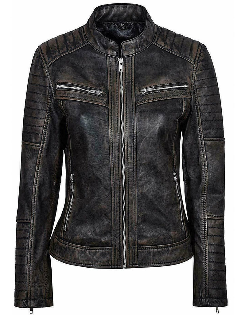 Woman Leather Biker Jacket Black Distress